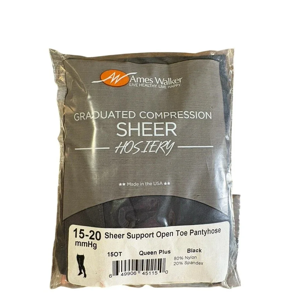 Ames Walker Graduated Compression Sheer Hosiery Open Toe 15-20 mmHg Black Queen+